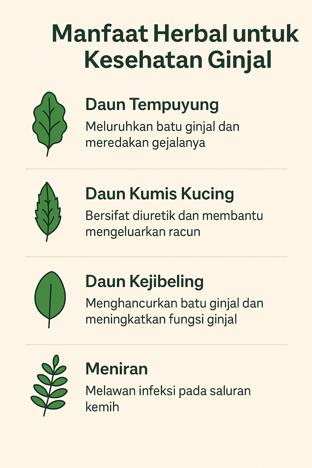 Infografis herbal manfaat daun tempuyung, daun kumis kucing, daun kejibeling, meniran untuk kesehatan ginjal