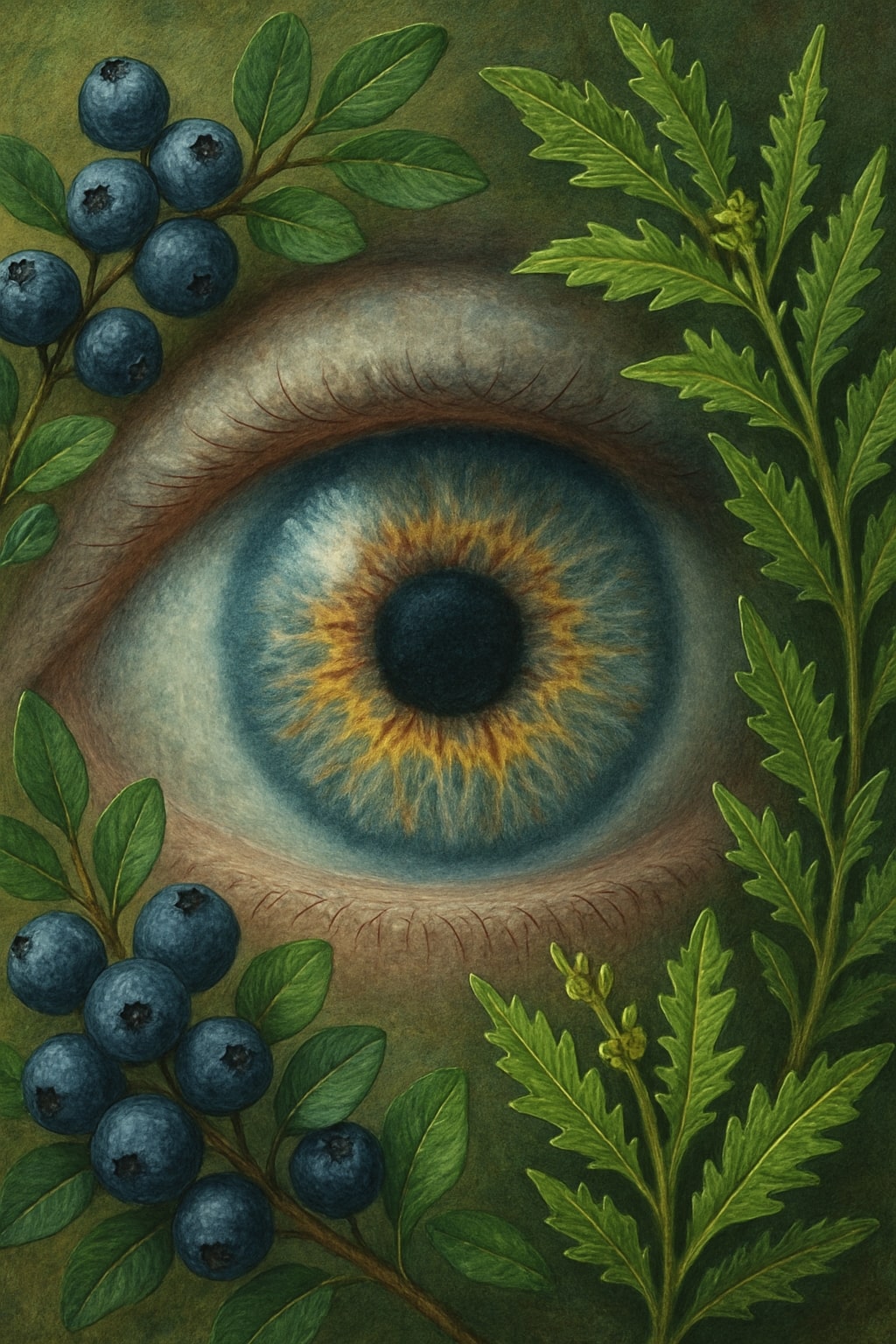 A close-up, macro shot of the eye’s iris and pupil, with a slightly blurry, misty effect on the lens, symbolizing cataracts. Around the eye, there are various herbal ingredients like fresh bilberry fruits and sambiloto leaves, arranged neatly. The style should be a mix of artistic and scientific, with a focus on rich, detailed textures.