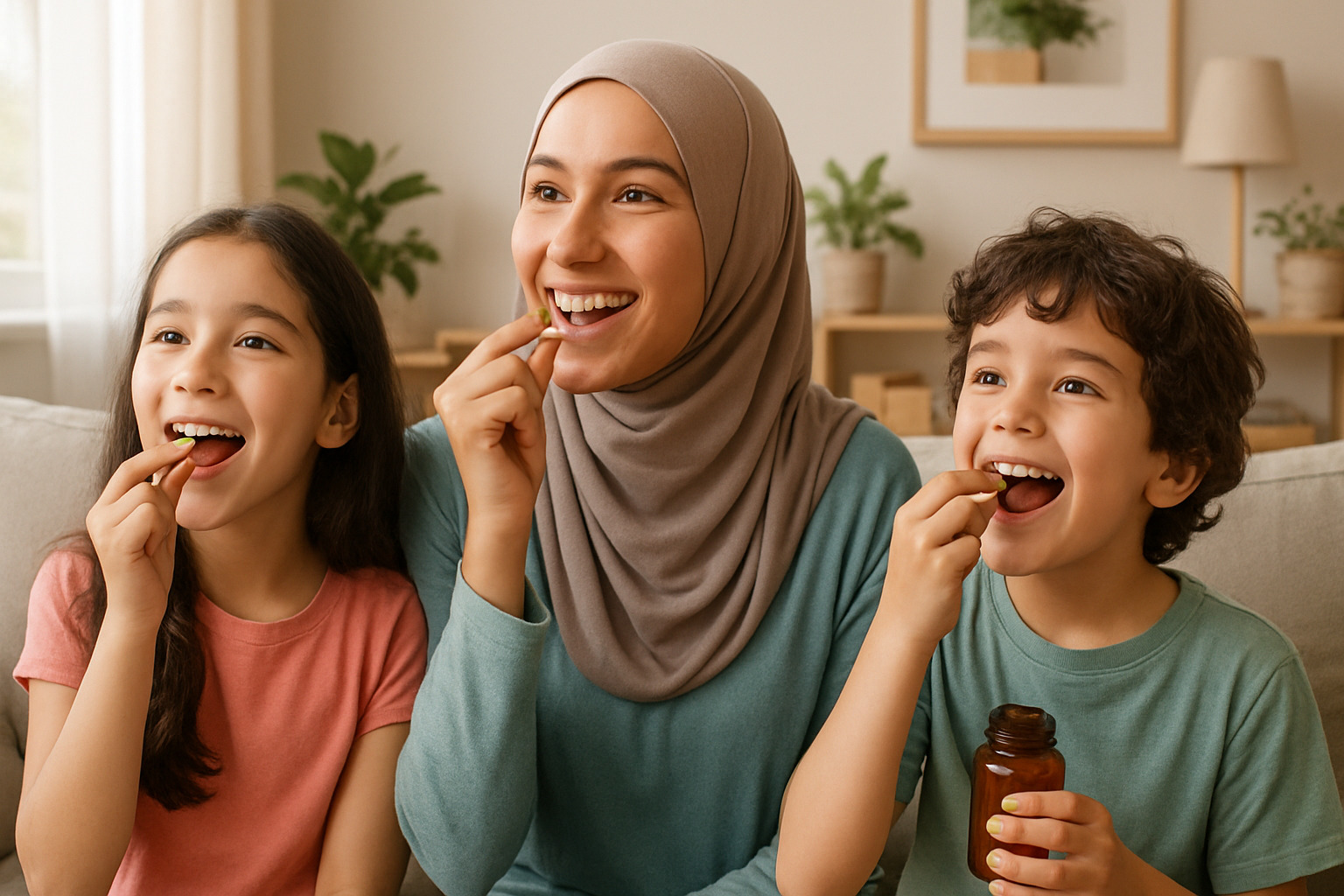 Seorang pasien (dewasa dan anak-anak) minum kapsul herbal Broncaps di ruang keluarga
