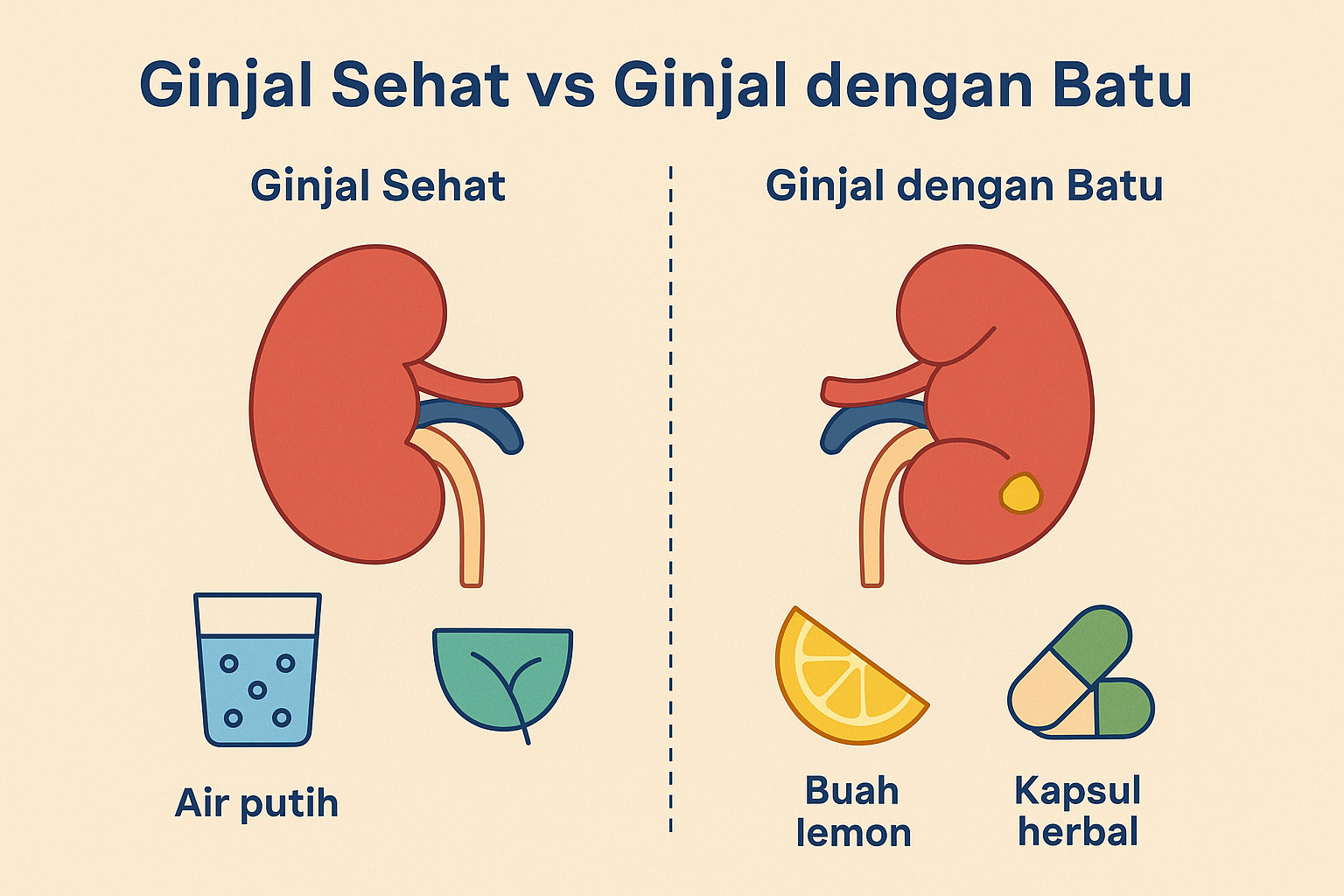 gambar ilustrasi ginjal sehat vs ginjal dengan batu