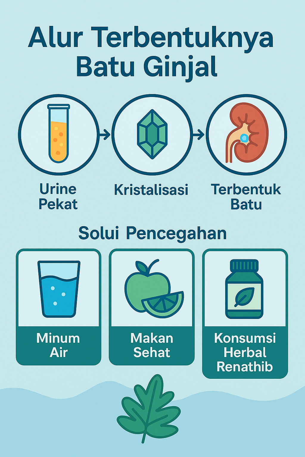 gambar ilustrasi infografis alur terbentuknya batu ginjal dan solusi mengatasinya