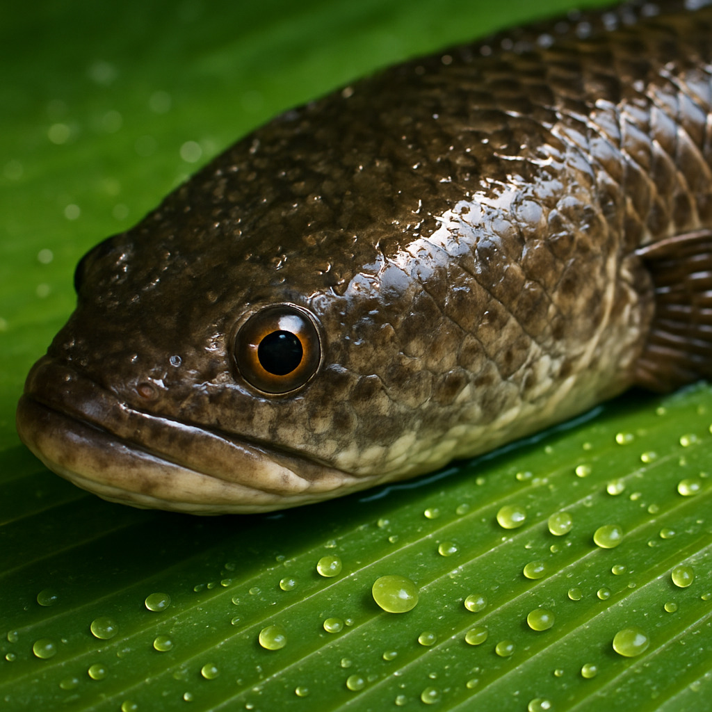 Foto makro ikan gabus segar di atas daun pisang