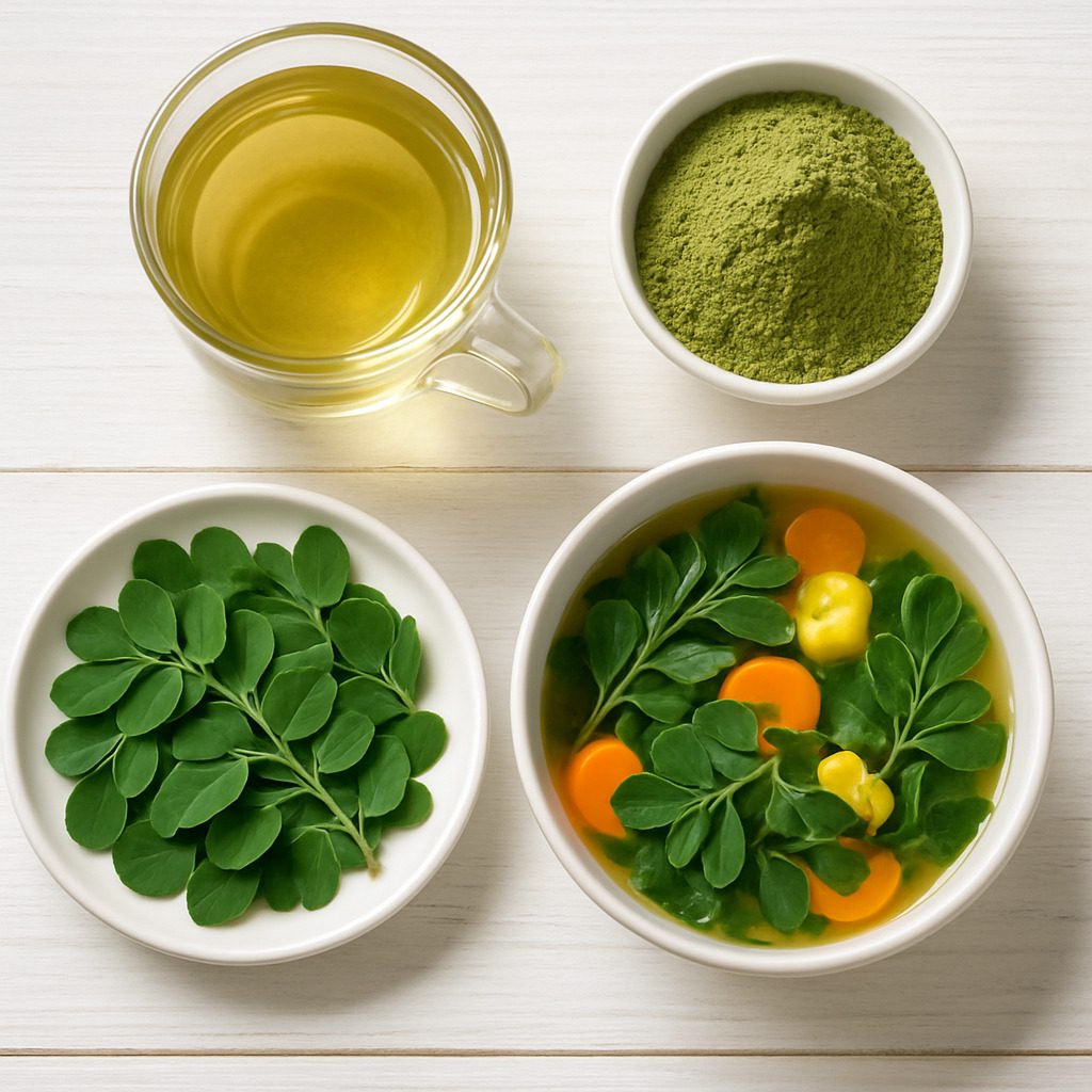 A vibrant, photorealistic image of fresh Moringa leaves (daun kelor) in a rustic wooden bowl, with soft morning sunlight filtering in from a window. The background is slightly blurred, showing a clean, modern kitchen setting. The overall mood is healthy, natural, and inviting. High detail, 8K.