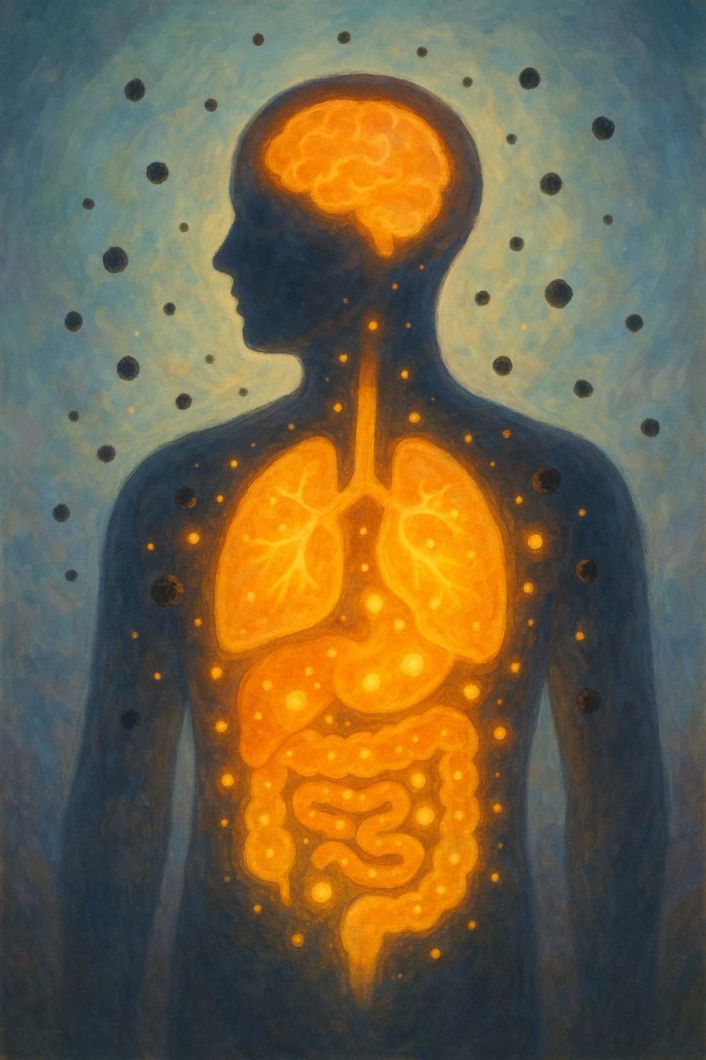 a metaphorical and artistic illustration showing a person's silhouette with an abstract, glowing, and healthy internal system (glowing organs, healthy cells) that is being "healed" by small, magical specks of black pepper floating around it. The style is soft, digital painting.