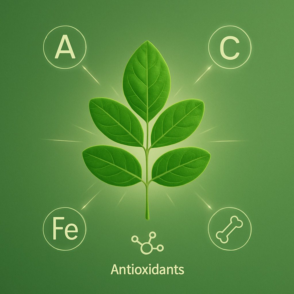 A creative, conceptual image showing a single, perfect Moringa leaf with glowing lines emanating from it, connecting to small, elegant icons representing vitamins (A, C), minerals (iron, calcium), and antioxidants. The background is a clean, minimalist green gradient.