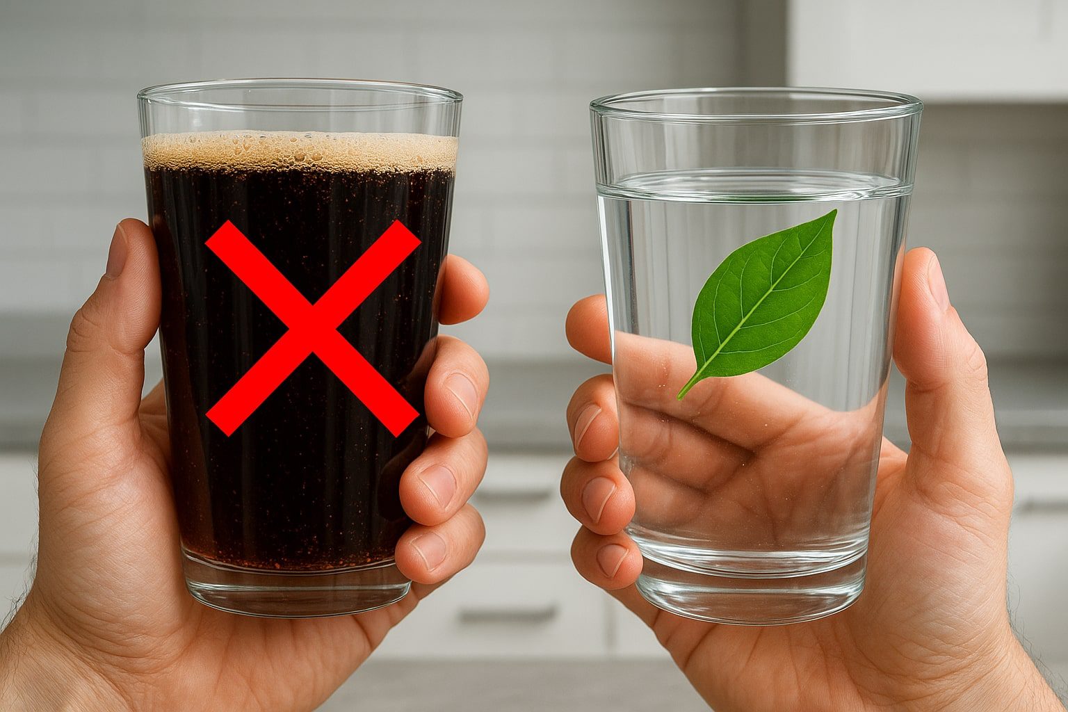 A detailed digital art image of a person's hand holding two glasses. One glass contains a dark, bubbly alcoholic beverage with a prominent red cross symbol over it, while the other glass holds a refreshing, clear water with a bright green leaf floating inside. The background is a clean, modern kitchen counter, emphasizing a choice between healthy and unhealthy drinks. Style: Realistic, hyper-detailed, with vibrant colors