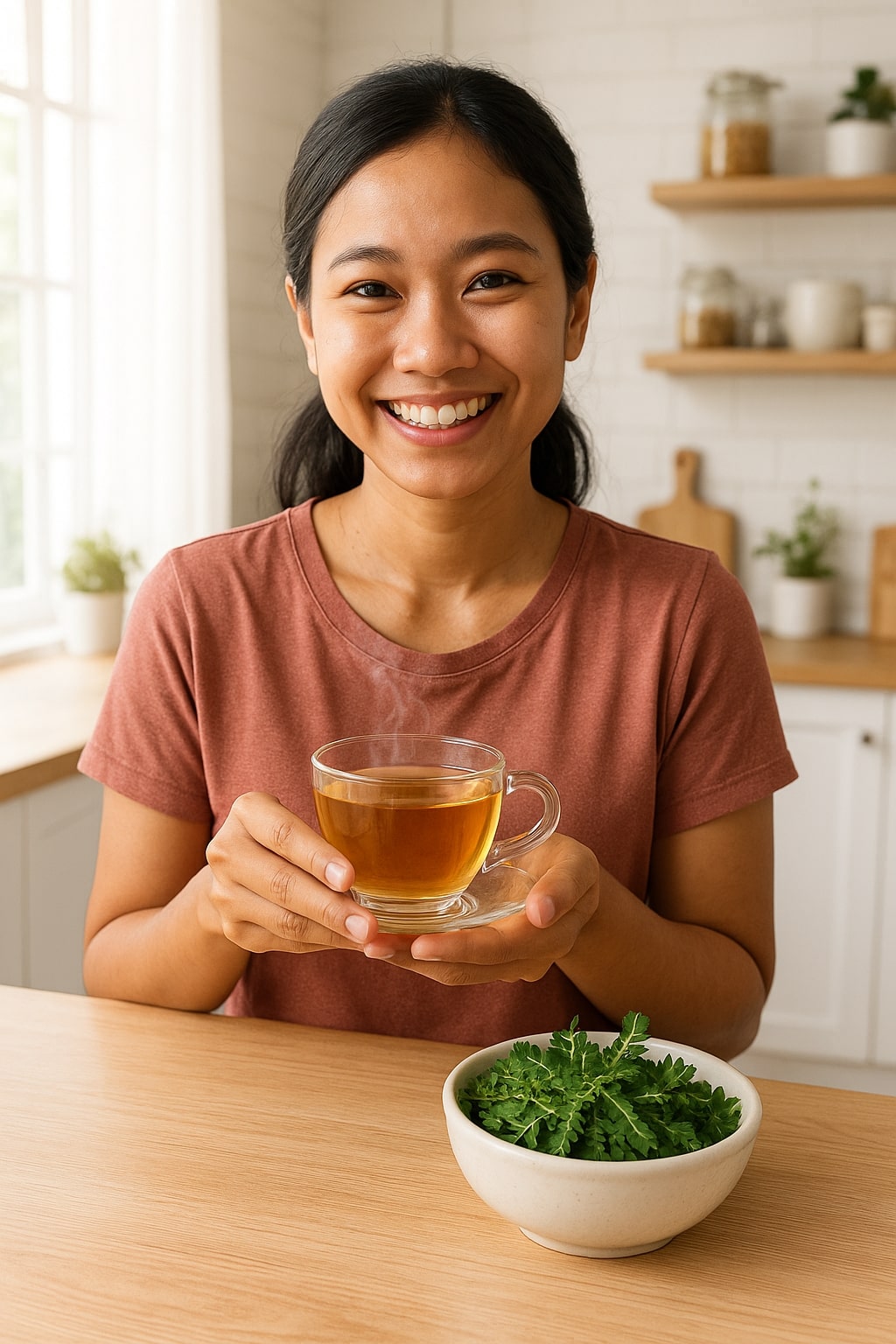 A young, healthy-looking Indonesian woman in her late 20s or early 30s is smiling while holding a teacup with steaming daun meniran herbal tea. She is in a cozy, bright kitchen, with a small bowl of fresh daun meniran leaves on the counter next to her. The scene conveys a sense of wellness and peacefulness.