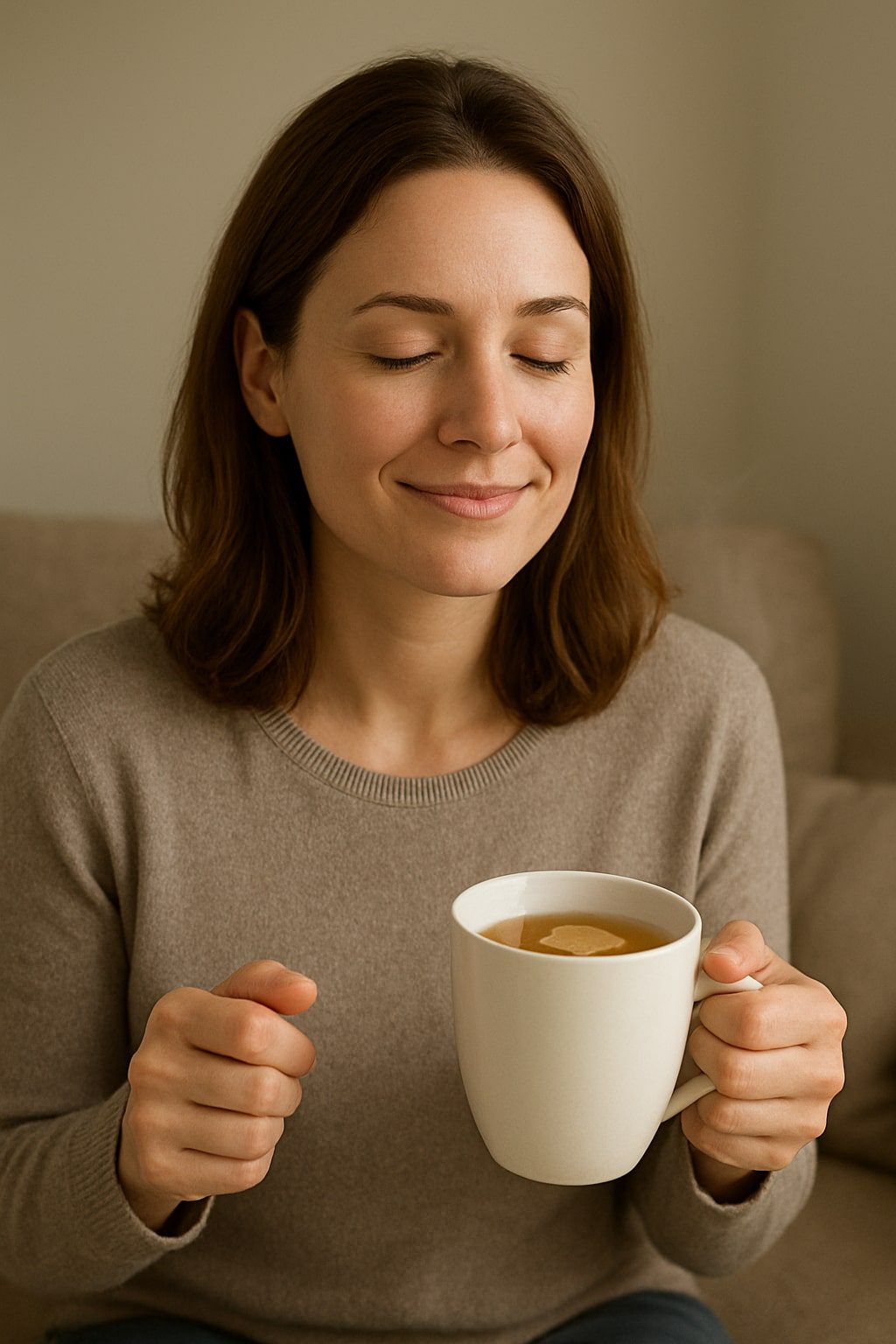 A realistic photo of a woman in her 30s, looking relieved and happy, holding a small bottle of Naturafit Remafit in one hand and a mug of steaming ginger tea in the other. She is sitting on a sofa with a calm and healthy expression. The lighting is soft and natural, creating a warm, inviting atmosphere. The focus is on the products she is holding.