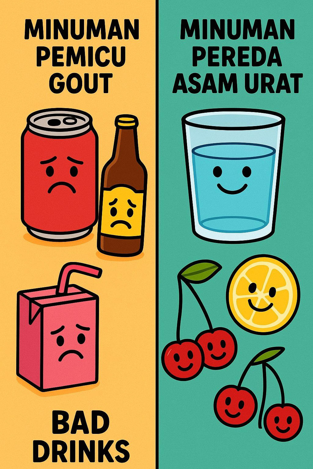 Create a dynamic, cartoon-style infographic image showing two separate vertical columns. The left column shows a 'Bad Drinks' section with icons of a soda can, a bottle of beer, and a sugary juice box, all with sad, frowning faces. The right column is a 'Good Drinks' section with icons of a glass of water, a slice of lemon, and a few cherries, all with happy, smiling faces. Use bright, engaging colors and simple, bold lines. The title 'Minuman Pemicu Gout' and 'Minuman Pereda Asam Urat' should be at the top of each column.