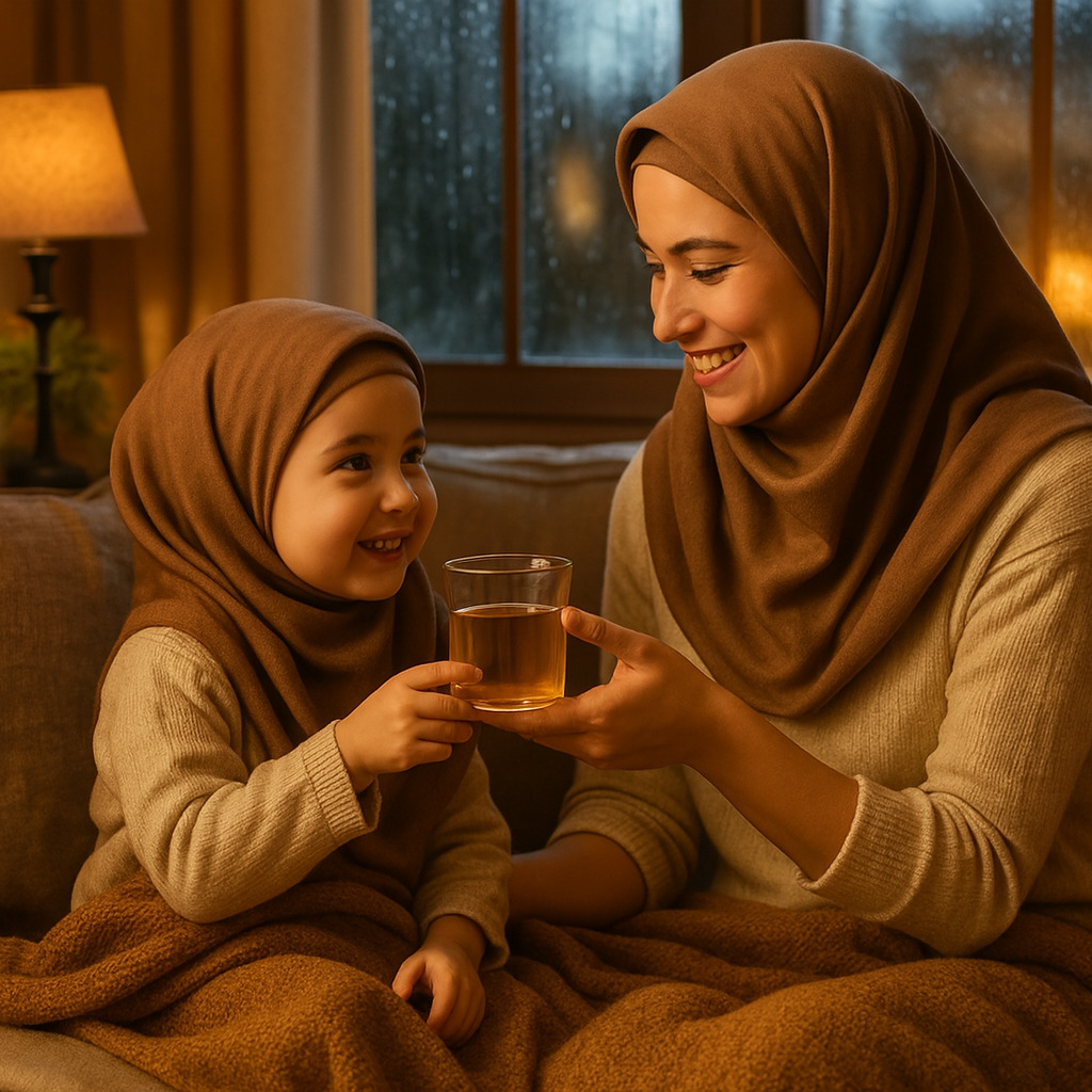 gambar ilustrasi anak dan ibu di musim hujan