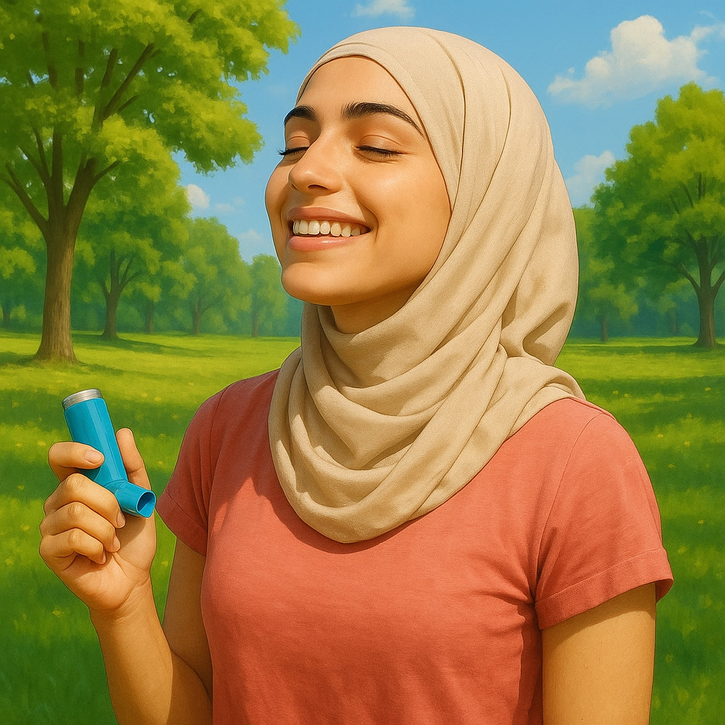 gambar ilustrasi wanita berjilbab megang alat untuk asma