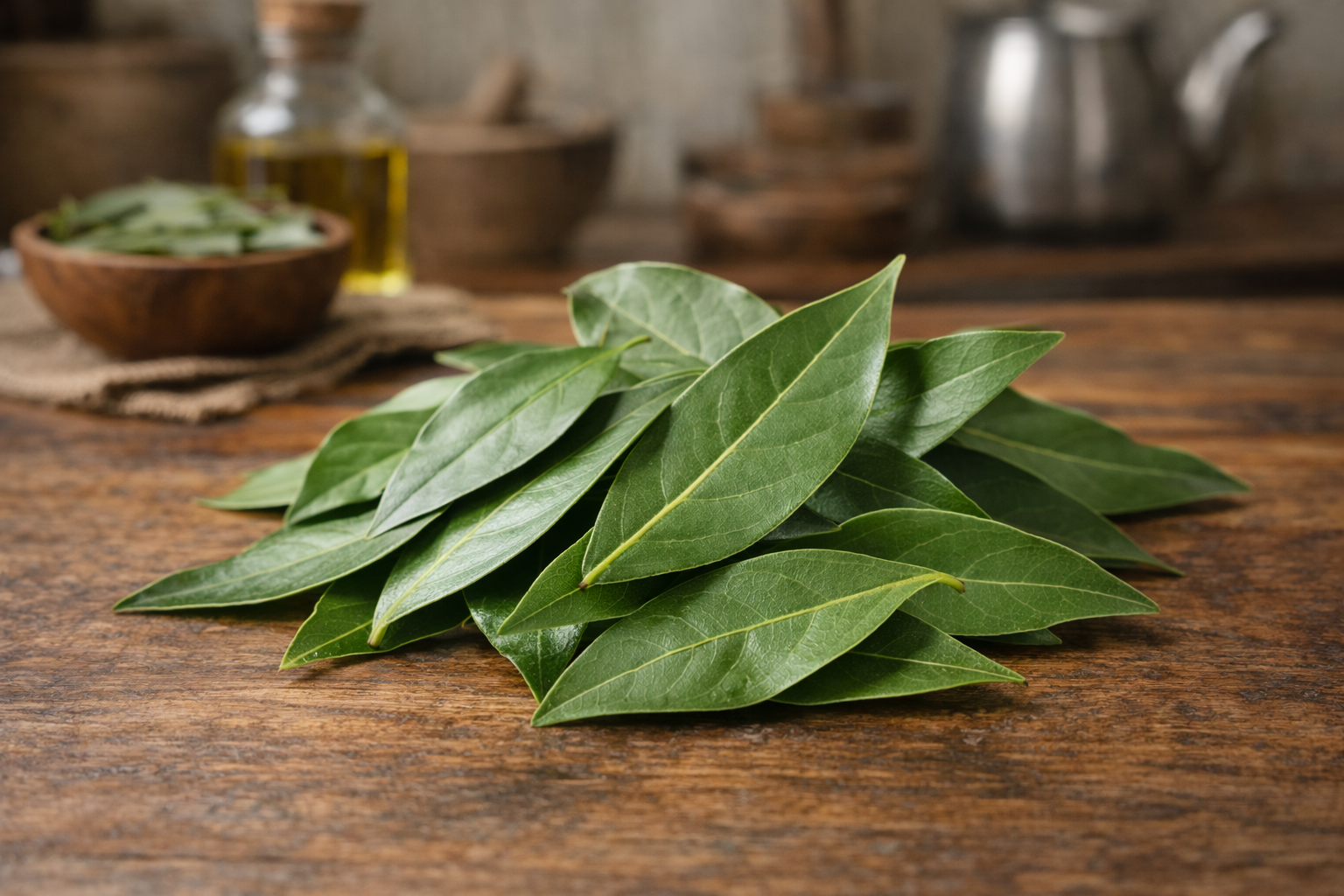 Daun salam segar di meja kayu