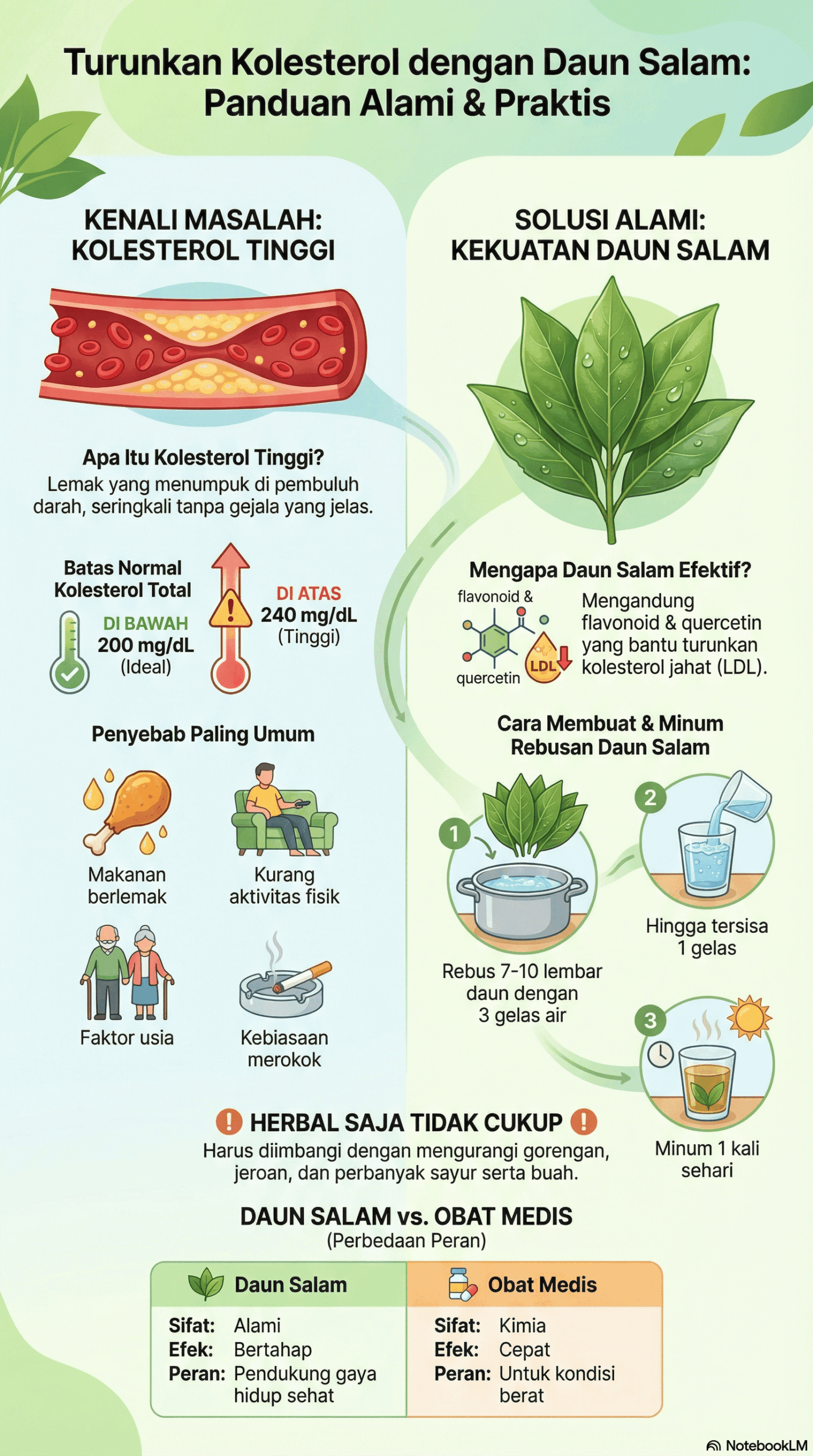 Infografis panduan alami dan praktis turunkan kolesterol dengan daun salam
