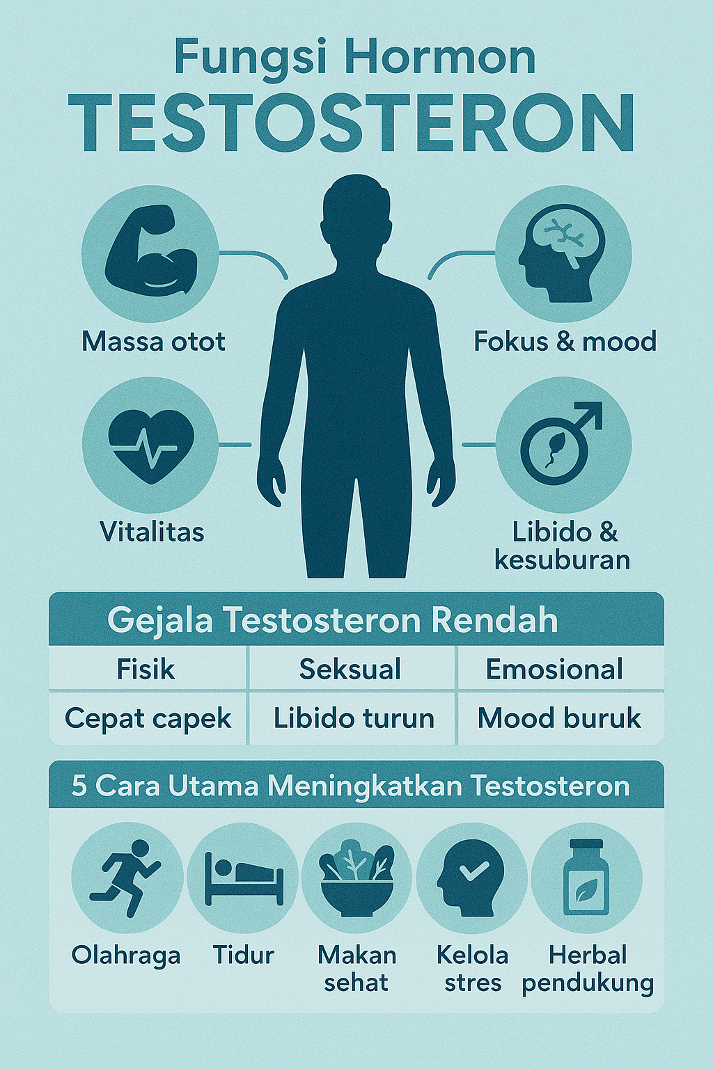 infografis fungsi, gejala, solusi hormon testosteron bagi tubuh