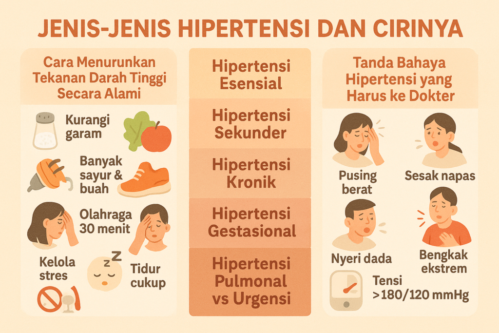 infografis jenis jenis, cara menurunkan dan tanda bahaya hipertensi