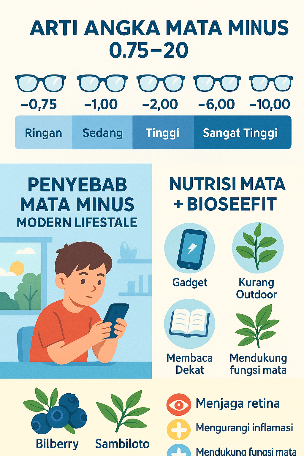 infografis tingkatan mata minus, penyebab dan cara mengatasinya