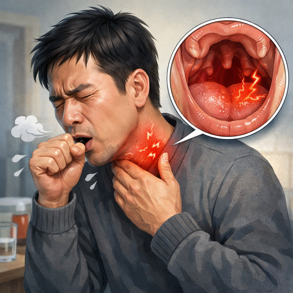 pria batuk dengan tengorokan beradang