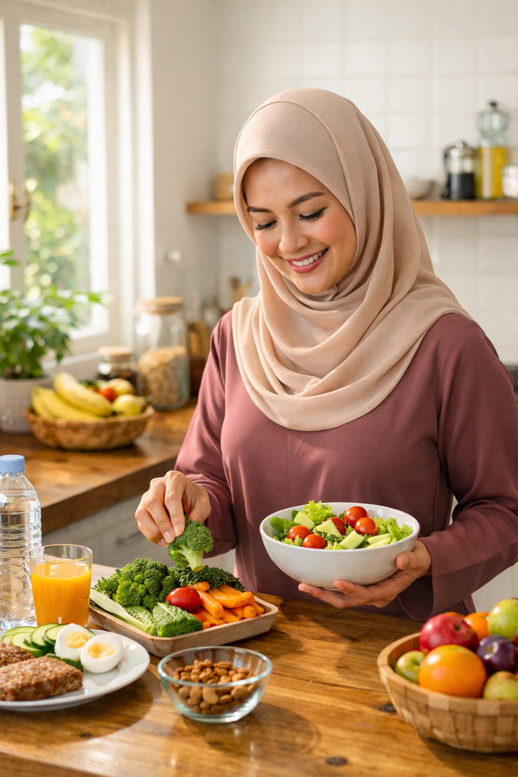 Ilustrasi before-after pola makan, sisi kiri ngemil berlebihan, sisi kanan makan seimbang, gaya flat modern, warna lembut.