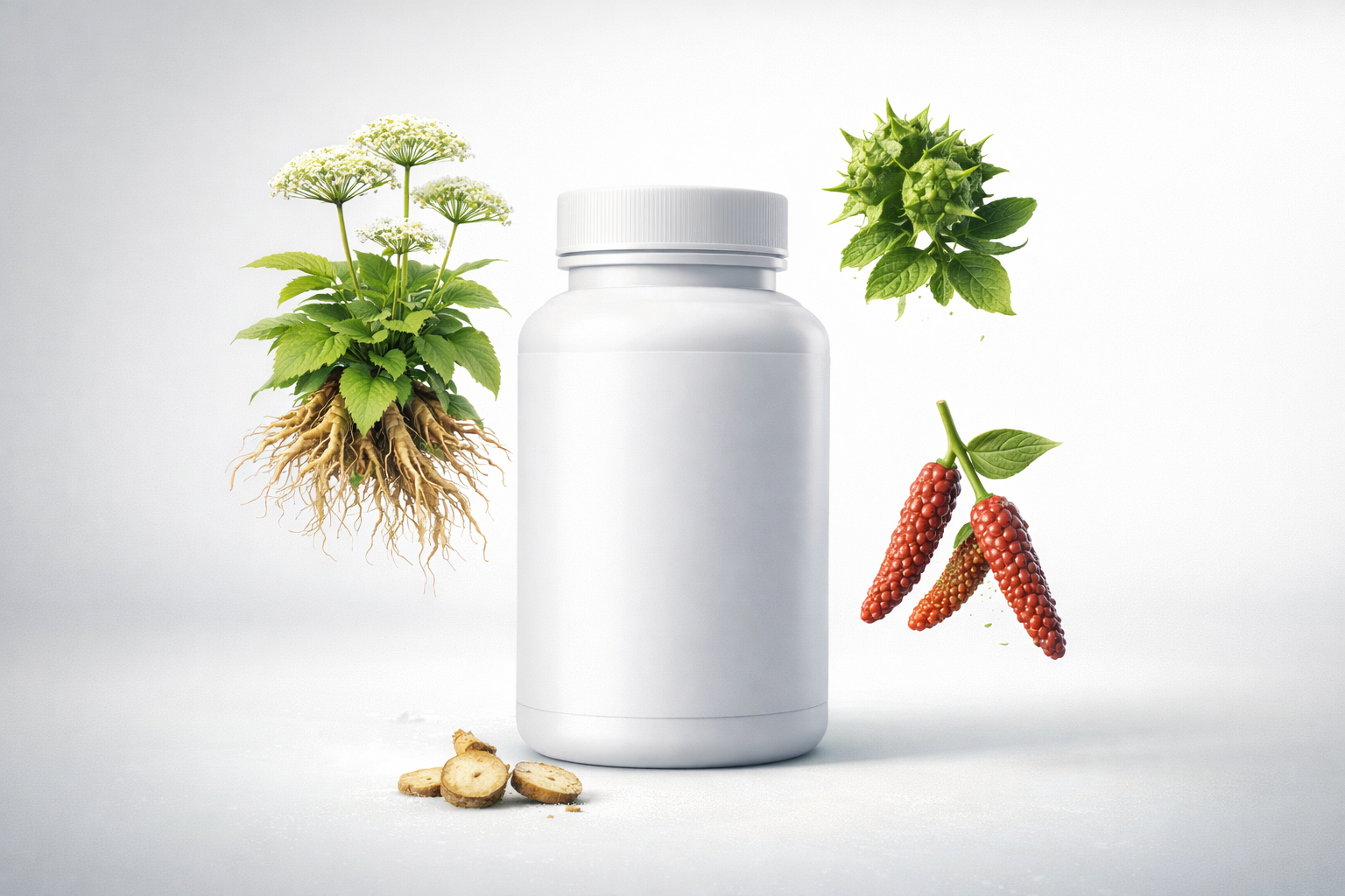 Botol suplemen dengan tanaman herbal