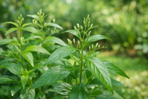 Detail sambiloto dengan latar belakang hijau untuk batuk pilek