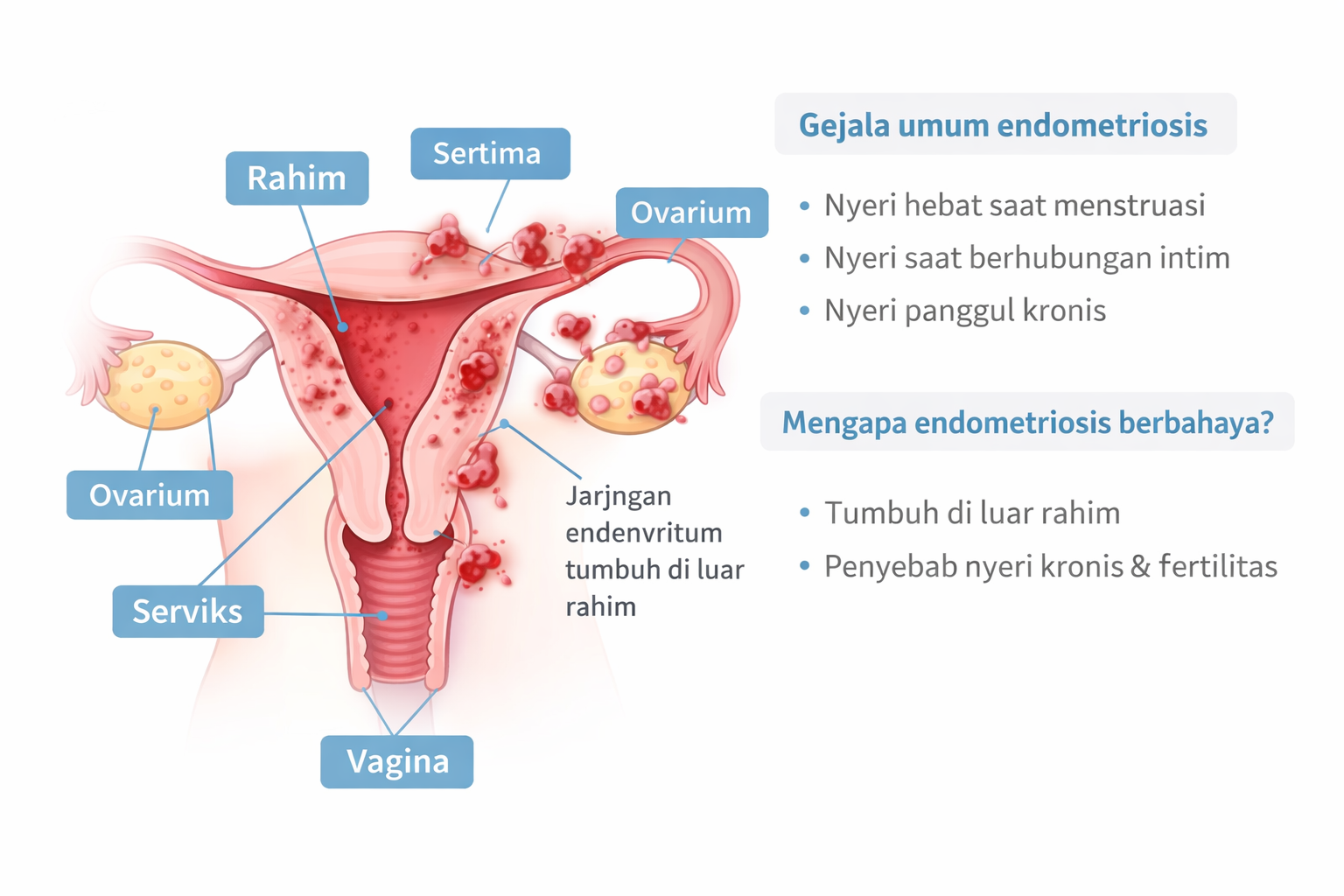 Ilustrasi endometriosis pada sistem reproduksi wanita