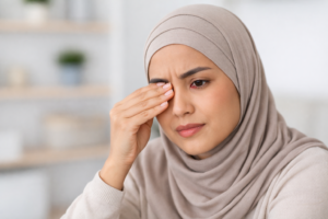 Wanita dengan mata merah dan kesakitan