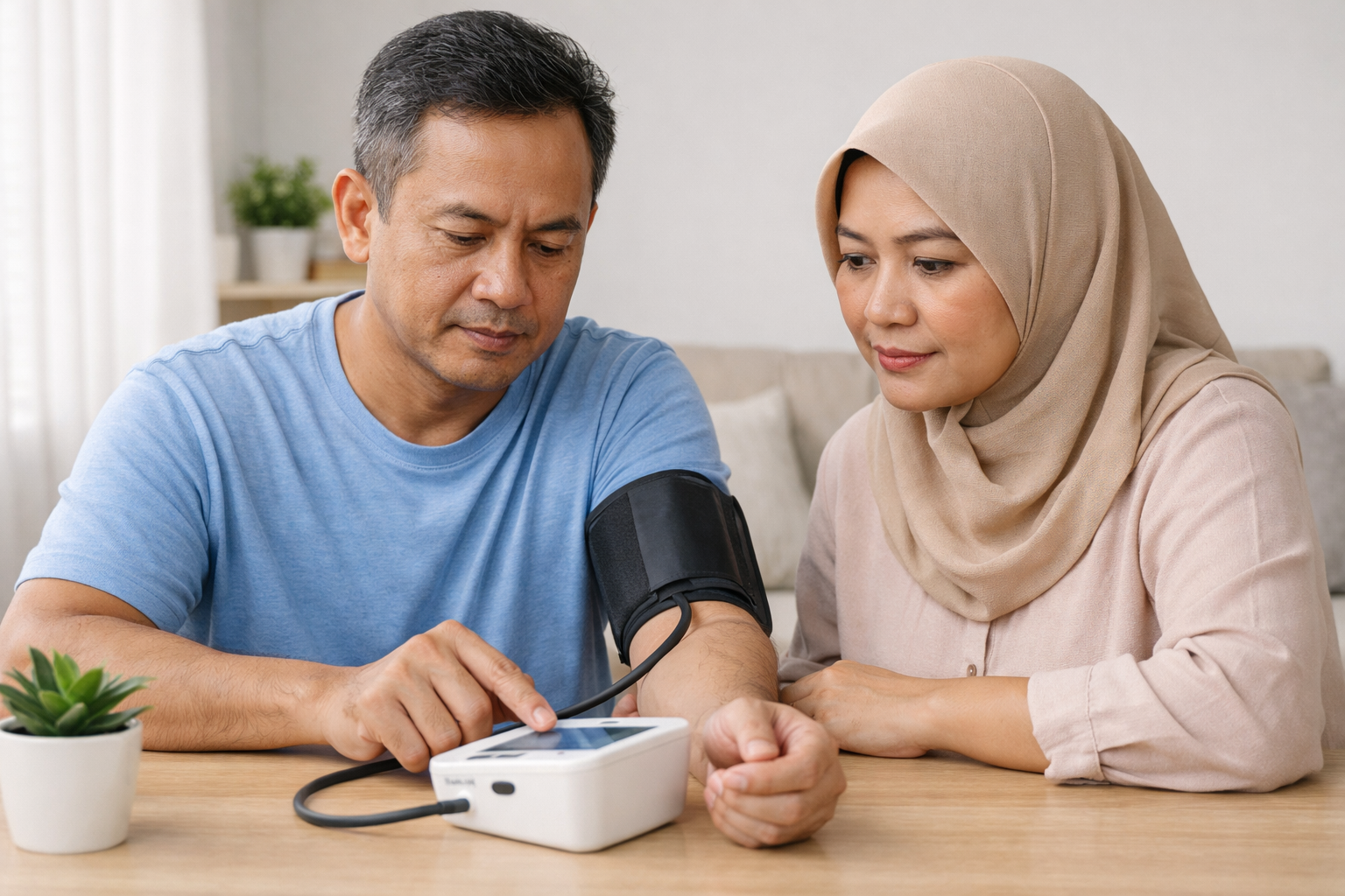 sepasang suami istri yang sedang mengecek tekanan darah di ruang tamu