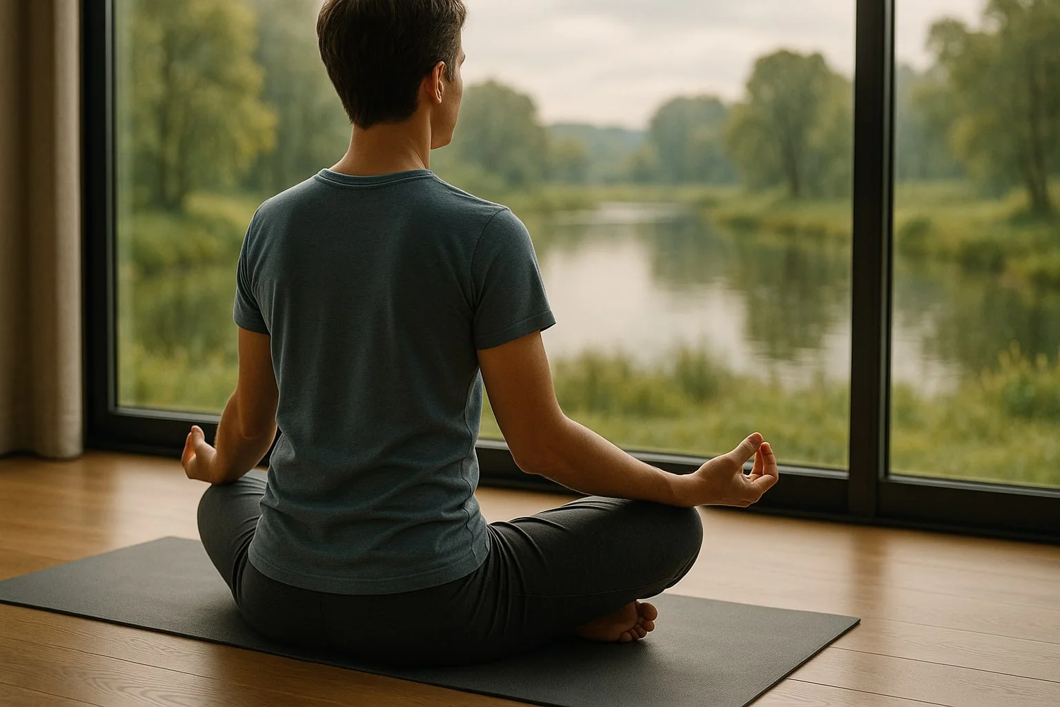 A cinematic shot of a person doing gentle yoga or meditation on a mat by a large window with a view of a serene natural landscape. The atmosphere is calm and peaceful, conveying the message of stress management for heart health.