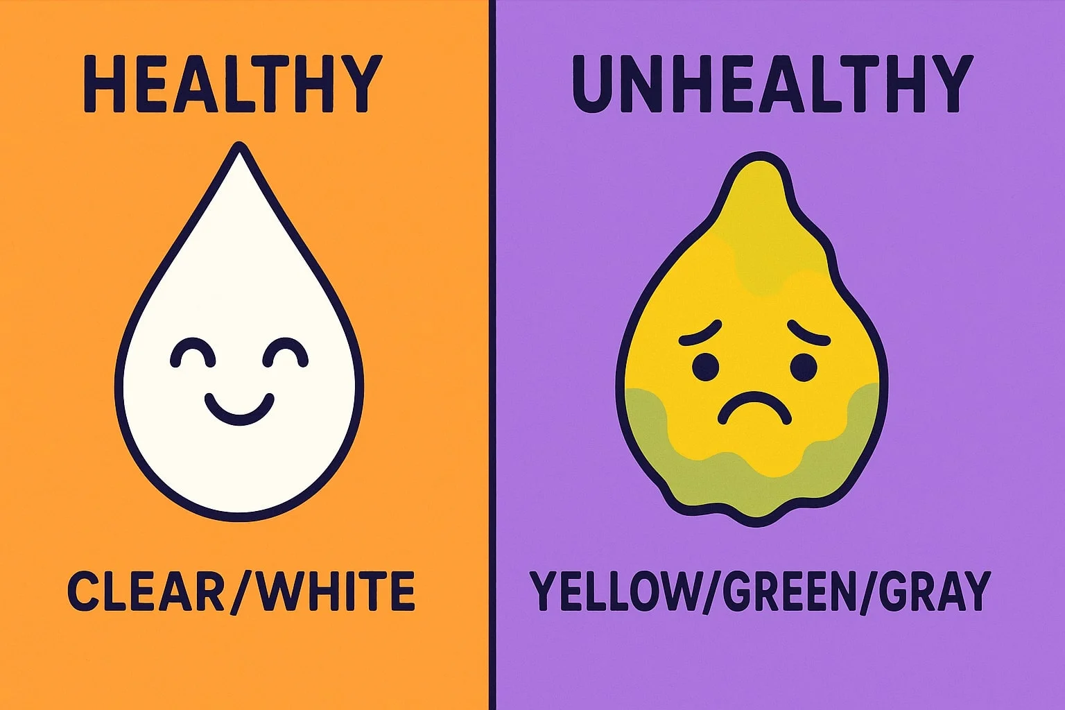 A vibrant, minimalist illustration depicting the distinction between healthy and unhealthy vaginal discharge. On the left side, a simple, clean, and happy-looking icon or droplet represents a healthy state (clear/white color). On the right side, a less pleasant, colorful icon represents an unhealthy state (yellow/green/gray) with a sad face. Use bright, contrasting colors and a clean line-art style. --ar 16:9 --v 5.2