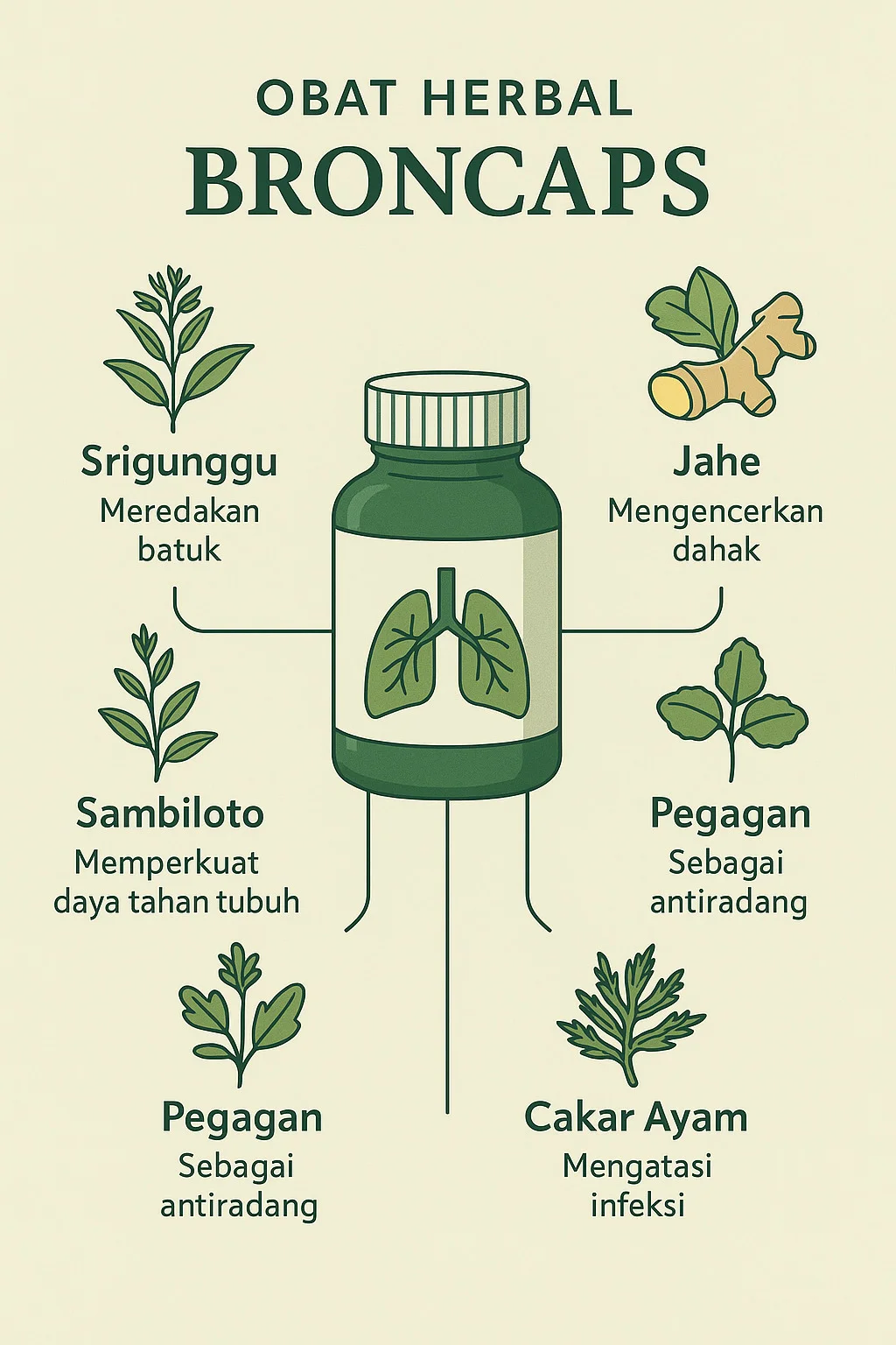 Infografis obat herbal broncaps berserta bahan-bahan herbal alaminya.