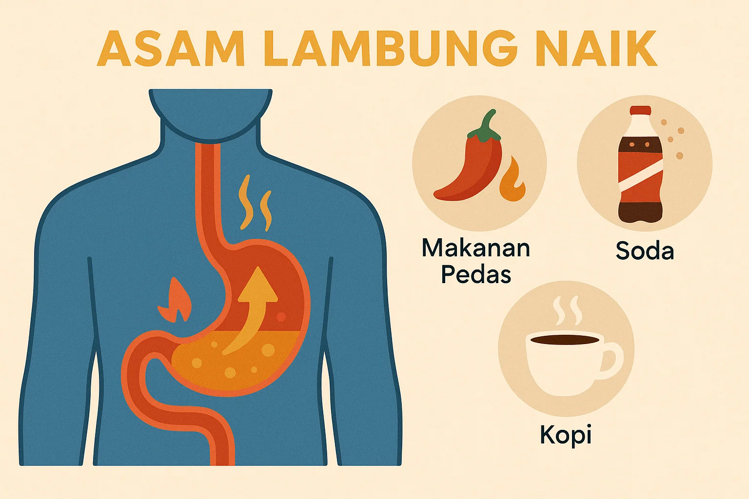 lambung manusia dengan tanda asam lambung naik, ikon makanan pedas, soda, kopi