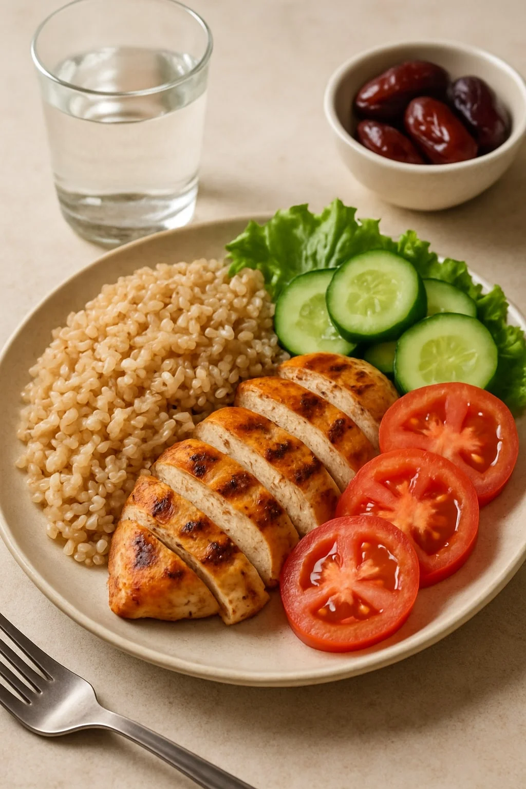close-up shot of a plate with a balanced sahur meal: brown rice, grilled chicken, and fresh vegetables. Next to the plate is a glass of water and a small bowl of dates. The lighting is soft and inviting, emphasizing the healthy food. The style is clean and appetizing, like a professional food blog photograph.