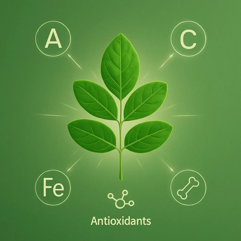 A creative, conceptual image showing a single, perfect Moringa leaf with glowing lines emanating from it, connecting to small, elegant icons representing vitamins (A, C), minerals (iron, calcium), and antioxidants. The background is a clean, minimalist green gradient.
