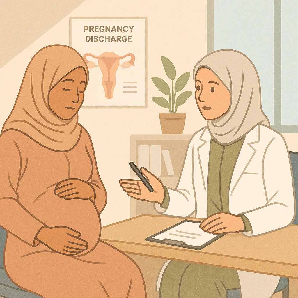 ilustrasi seorang muslimah yang sedang hamil berkonsultasi ke dokter