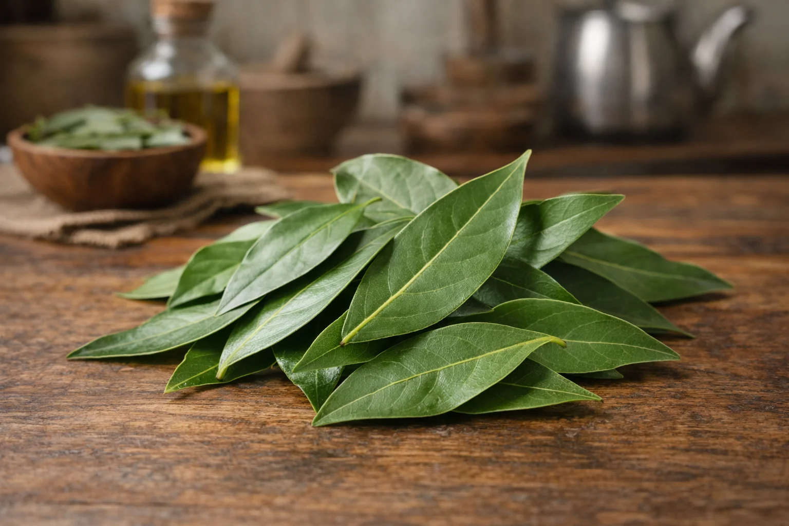 Daun salam segar di meja kayu
