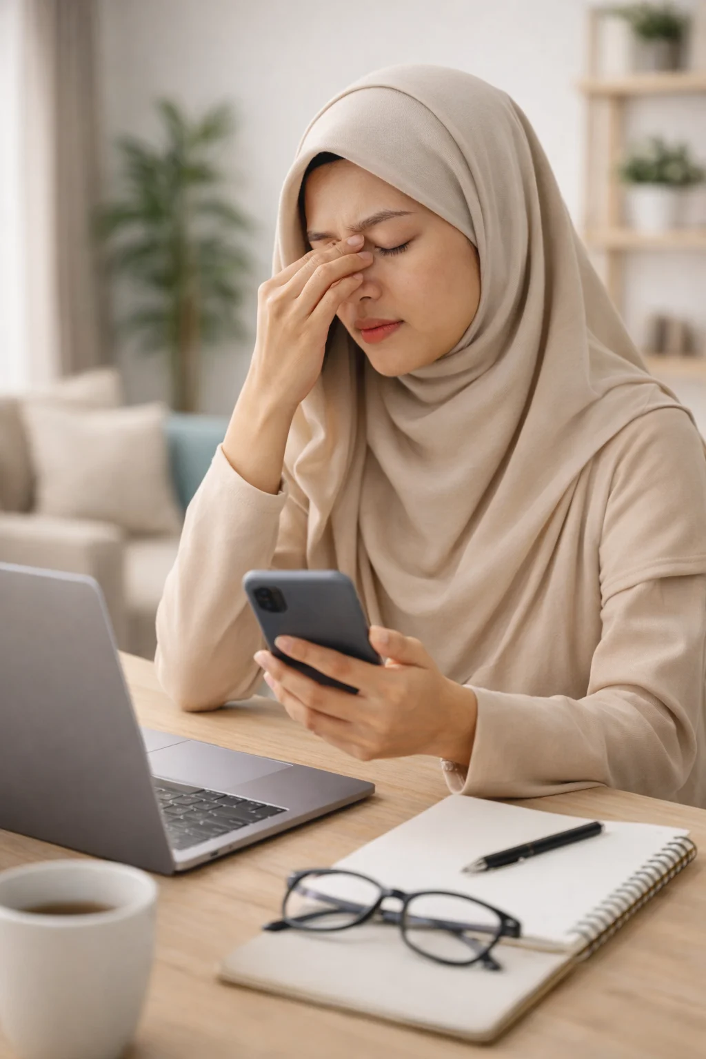 seseorang yang sedang mengusap mata karna kelamaan menghadap layar hp & leptop